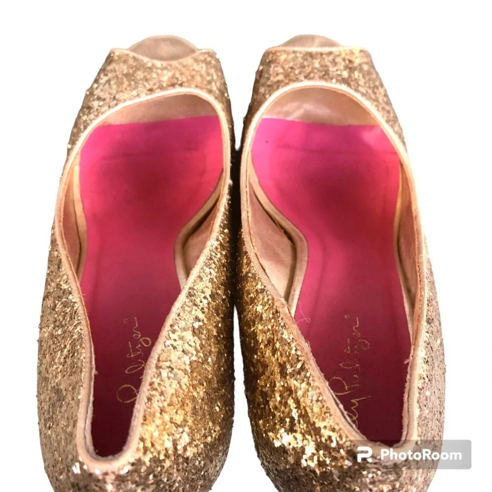 Lilly Pulitzer Gold Pumps Glitter Wedges